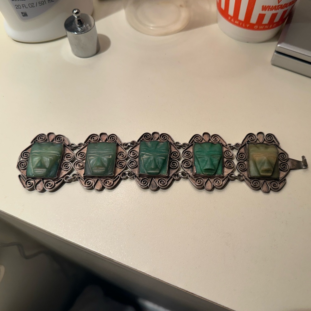 Vintage Mexico Sterling Silver Carved Green Onyx 8” Panel Mask Link Bracelet